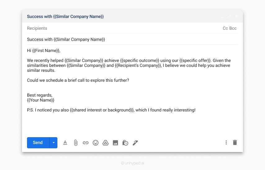 A sample cold email emphasizing similarities between your sender profile and the recipient.